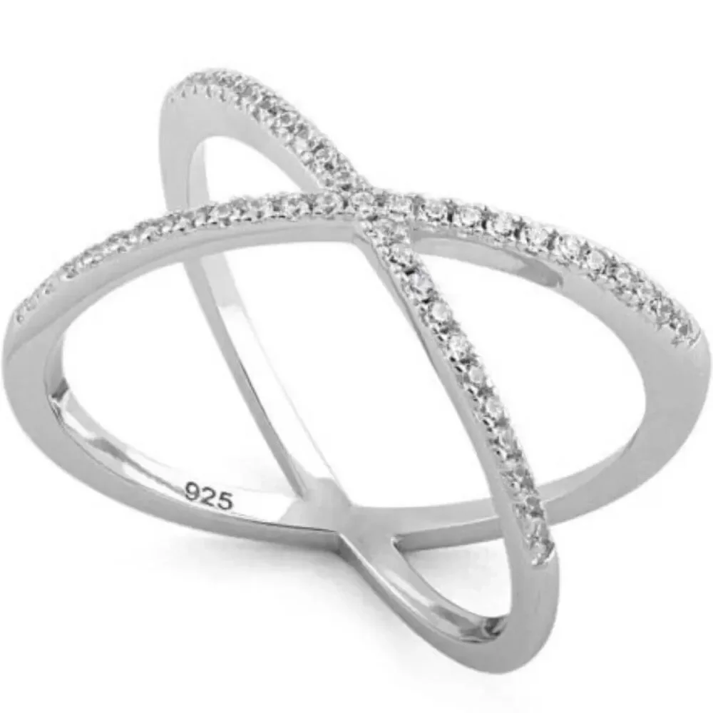 Sterling Silver Overlapping X CZ Ring New